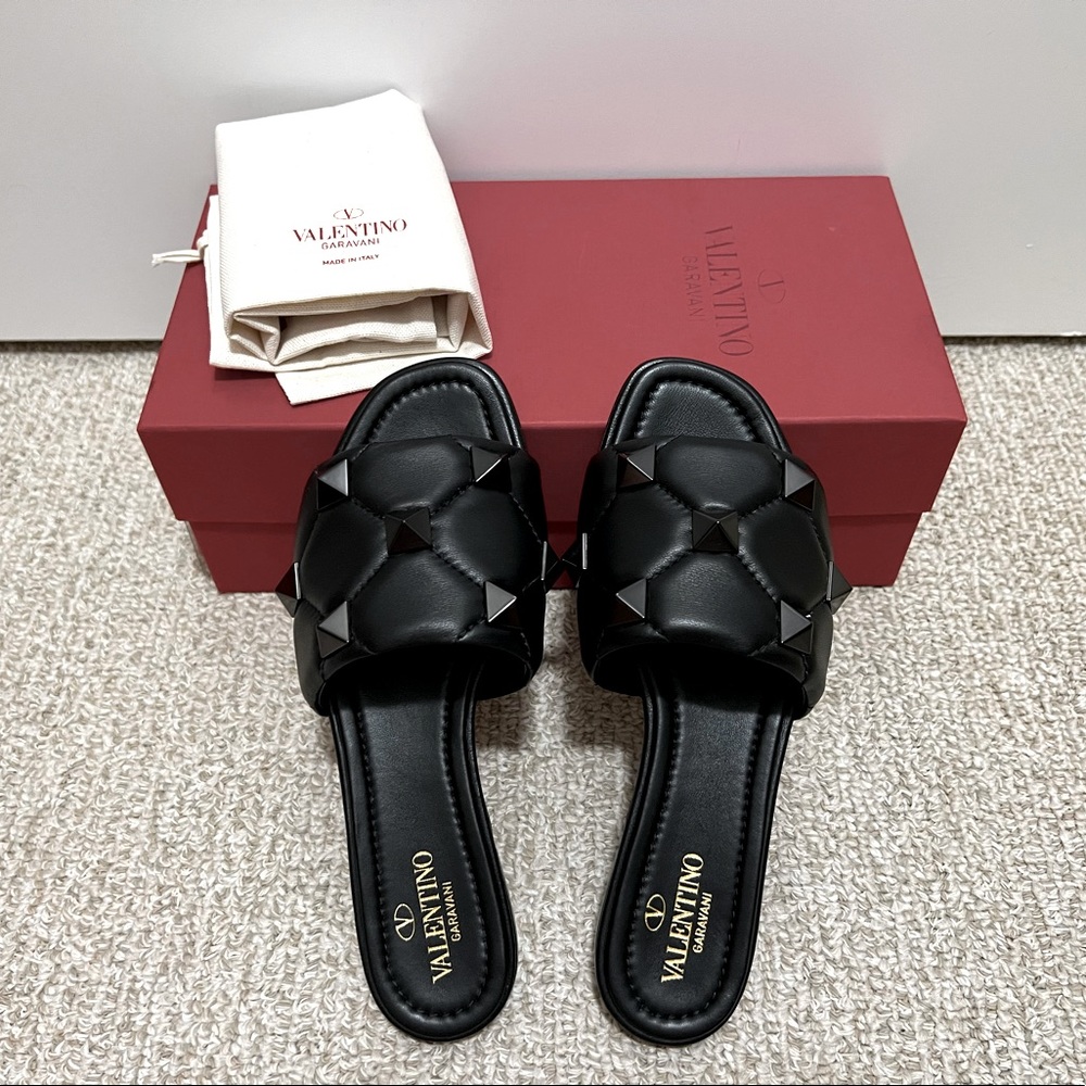 Valentino Garavani Roman Stud Quilted Slide Matte Black Sandals Flats